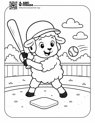 Cartoon sheep in a helmet swings a bat at a baseball on a baseball field with a base, fence, and clouds in the background