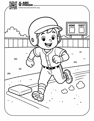 Young child in a baseball helmet runs toward a base on a baseball field, with a scoreboard in the background and a fence separating the field from the bleachers.