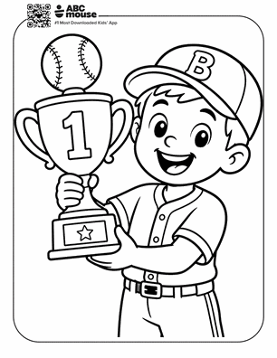 Young baseball player in a cap and uniform holds a first-place trophy with a baseball on top.