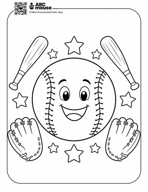Smiling baseball at center with two bats, two gloves, and stars around it—kids' sports illustration.