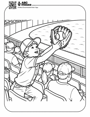 Young boy in a cap lunges to catch a baseball in the stands while other fans sit nearby.