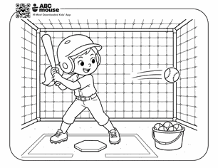 Child with helmet and bat in a netted batting cage, ready to swing at an incoming ball; bucket of balls nearby.