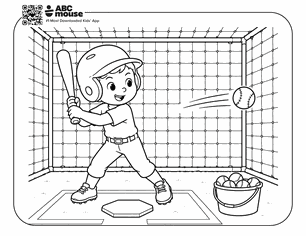 Child in a helmet swinging a bat in a batting cage, ball midflight toward the plate, with a bucket of balls nearby.