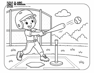 A child wearing a helmet swings a bat at a ball on a batting tee in a baseball field, with a fence, clouds, and grass in the background.