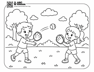 Two kids playing catch with mitts in a sunny park, with trees and clouds in the background.
