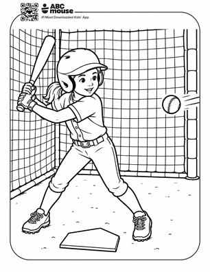 Young girl wearing a helmet swings a bat at a baseball in a batting cage.