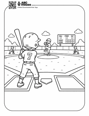 Line drawing of a youth baseball game: batter at home plate with bat raised, pitcher on the mound, catcher and umpire behind, bases visible, and a scoreboard in the background.