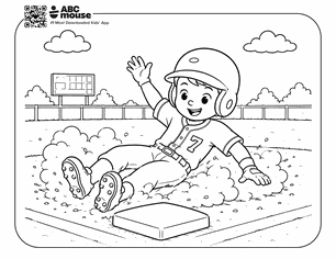Child in a helmet slides into a base on a dusty baseball field, smiling and waving.