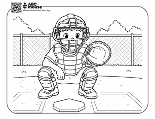 Cartoon toddler catcher in protective gear crouching behind home plate, glove ready on a baseball field.
