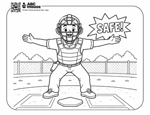 Baseball catcher with arms outstretched shouting 'SAFE!' in a starburst, standing at home plate with a fenced field behind.