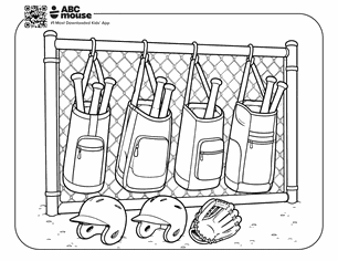 Row of backpacks hanging on a chain-link fence with four bike helmets placed on the ground in front.