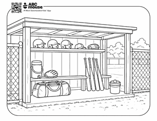 Line drawing of a baseball dugout with helmets, bats, gloves, and bags on shelves, and a bucket nearby.