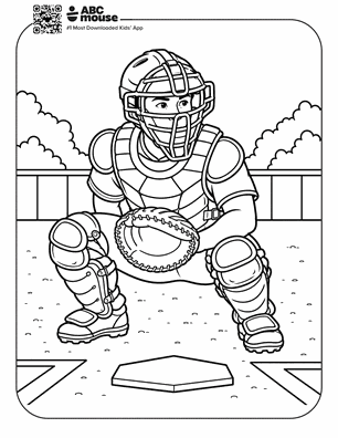 Baseball catcher in full gear crouches behind home plate, glove ready to receive a pitch.