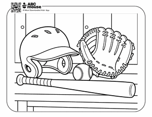 Baseball gear on a bench: helmet, catcher's mitt, baseball, and a bat in a dugout.