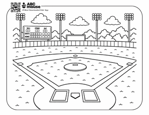 Baseball field from home plate: infield with bases, surrounding outfield, stands, lights, and scoreboard in the background.