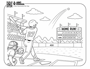 Line drawing of a baseball batter (#27) hitting a home run; catcher and umpire behind home plate; scoreboard reads HOME RUN.