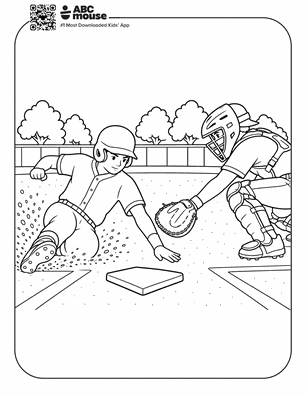 Young baseball runner slides into a base as the catcher reaches for the ball near home plate on a field with trees in the background.