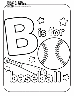 Coloring page showing a large letter B, a baseball bat, a baseball, and stars with the text 'B is for baseball'.