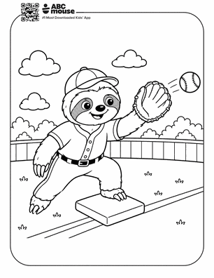 Cartoon dog in a baseball uniform catching a ball with a glove on a baseball field, leaping onto a base with fluffy clouds in the sky.