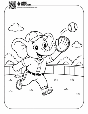 Cartoon elephant in a baseball uniform catching a baseball with a glove on a grassy field with a fence in the background.