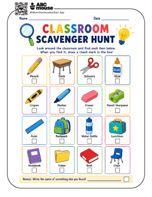 Free printable colorful classroom classroom items scavenger hunt for kids from ABCmouse.com.