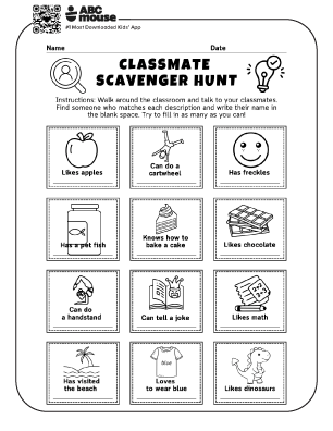 Free printable get to know classmates scavenger hunt for kids from ABCmouse.com.