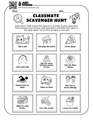 Free printable classmate favorites scavenger hunt for kids from ABCmouse.com.