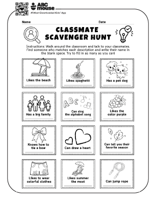 Free printable meet your classmates scavenger hunt for kids from ABCmouse.com.