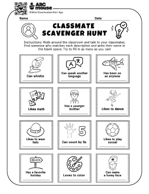 Free printable classroom friendship scavenger hunt for kids from ABCmouse.com.