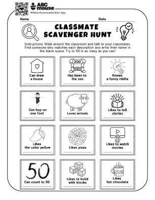 Free printable classroom first week classroom scavenger hunt for kids from ABCmouse.com.