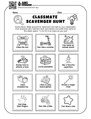 Free printable talk and find classmates scavenger hunt for kids from ABCmouse.com.