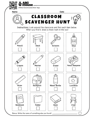 Free printable classroom supplies scavenger hunt for kids from ABCmouse.com.