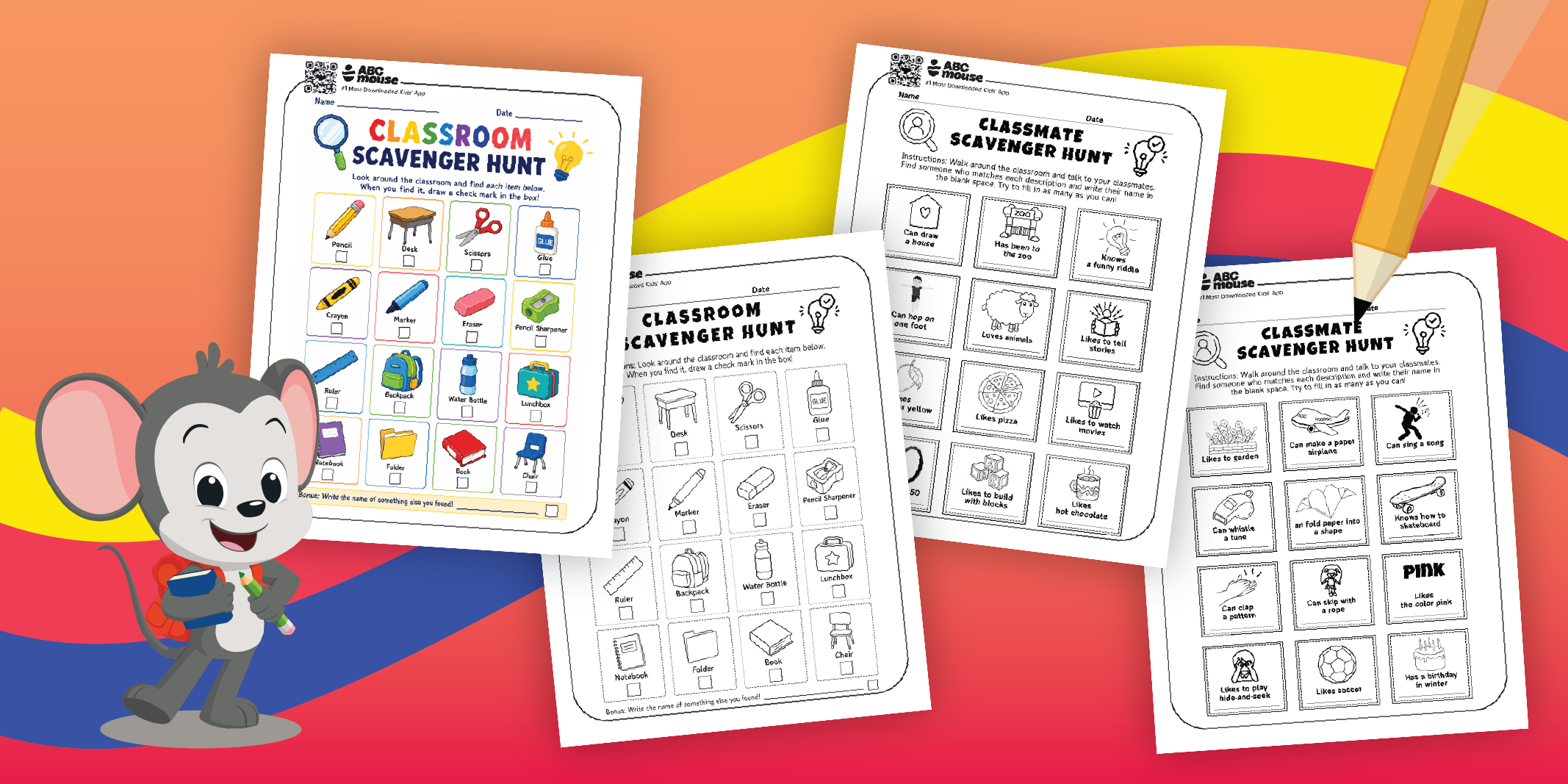 Colorful background with classroom scavenger hunt worksheets and a cartoon mouse mascot at the left foreground, ready for kids to fill in items.