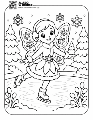 Line drawing of a girl in a fairy costume ice skating on a snowy pond, surrounded by trees and snowflakes in a winter scene.