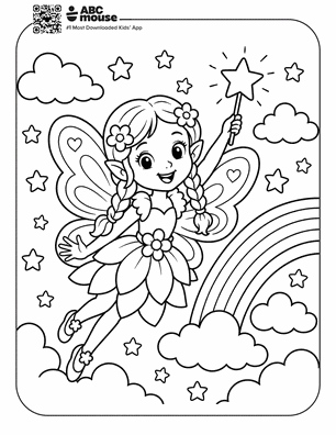 Coloring page: cheerful fairy with braids and flowers, wand raised, flying among clouds, stars, and a rainbow.