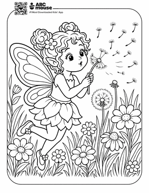 Cute fairy child with wings and a flower crown blowing dandelion seeds in a field of flowers (coloring-page line art).