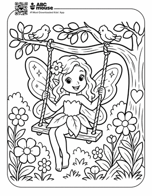 Fairy with wings on a wooden swing hanging from a tree branch, surrounded by flowers and plants with two birds perched on the branch above.
