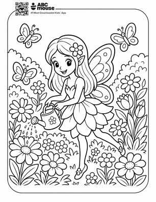 Line drawing of a girl fairy with wings watering flowers in a garden, with butterflies fluttering around.