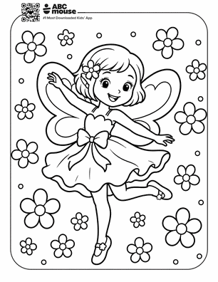 Line drawing of a smiling fairy girl with wings dancing among flowers, wearing a dress with a bow—page border suggests a coloring page.
