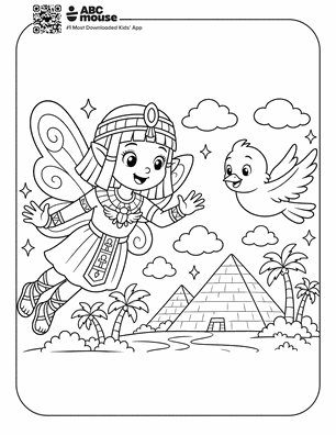 Winged Egyptian princess flies above pyramids and palm trees in a desert scene, with a bird and fluffy clouds (coloring page).