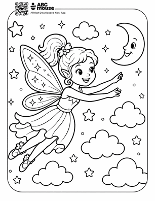 Young girl with butterfly wings flies through a starry sky with fluffy clouds and a crescent moon, framed like a coloring page.