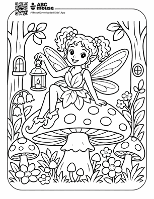 Fairy with curly hair and wings sits on a large spotted mushroom in a whimsical garden with flowers, trees, and hanging lanterns.