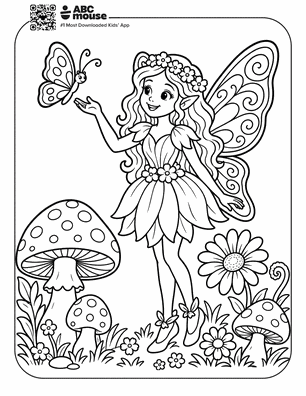 Line drawing of a fairy with large wings in a flower-filled meadow, reaching toward a butterfly amid mushrooms and daisies — a coloring page.