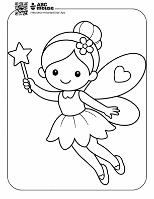 Line drawing of a smiling fairy girl flying with a star wand, flower in her hair and a heart on her wing.