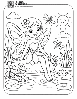 Coloring-page scene: a smiling fairy sits on a lily pad in a pond, surrounded by flowers, cattails, dragonflies, with a sunny sky and clouds.