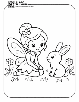 A cute young fairy kneels in the grass, facing a small bunny in a garden with flowers nearby.