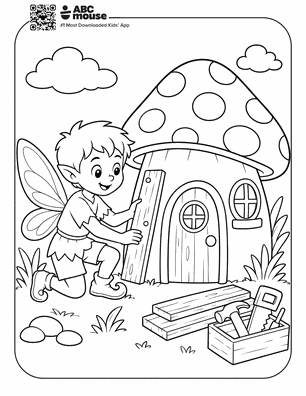 A young fairy with wings leans on the door of a large mushroom-shaped house with polka-dotted cap, outdoors with plants, a toolbox, and wooden planks nearby.