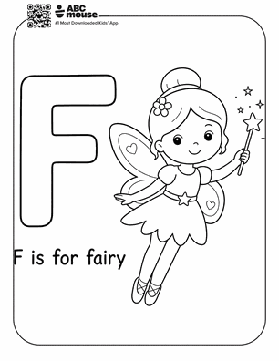 Cartoon fairy with wand and wings flying beside a large letter F; text reads "F is for fairy".
