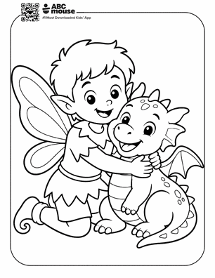 Line drawing of a smiling child with fairy wings hugging a friendly dragon, inside a rounded-page border—coloring page for kids.