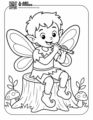 Line drawing of a child fairy sitting on a tree stump, playing a flute, with wings and mushrooms nearby.